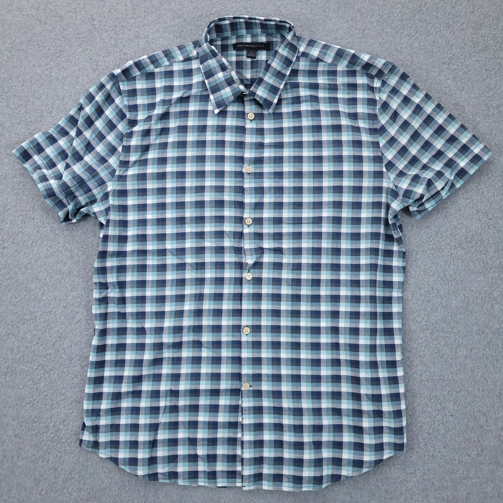 John Varvatos Button Up Shirt Large Long Sleeve Blue White Check Mens